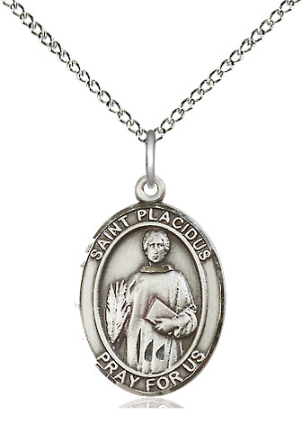 Sterling Silver Saint Placidus Pendant on a 18 inch Sterling Silver Light Curb chain