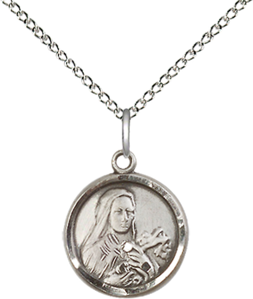 Sterling Silver Saint Theresa Pendant on a 18 inch Sterling Silver Light Curb chain