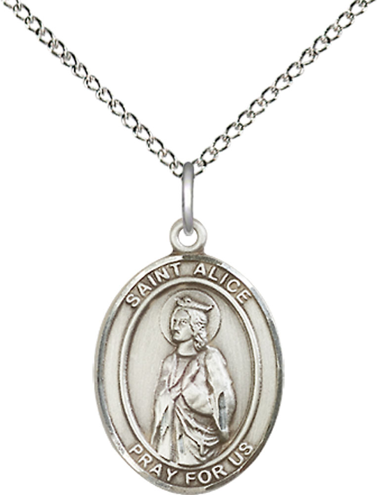Sterling Silver Saint Alice Pendant on a 18 inch Sterling Silver Light Curb chain