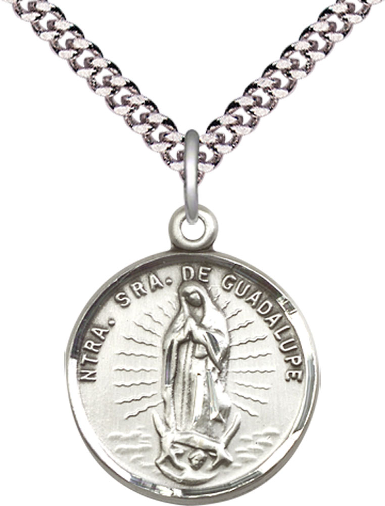 Sterling Silver Our Lady of Guadalupe Pendant on a 24 inch Light Rhodium Heavy Curb chain