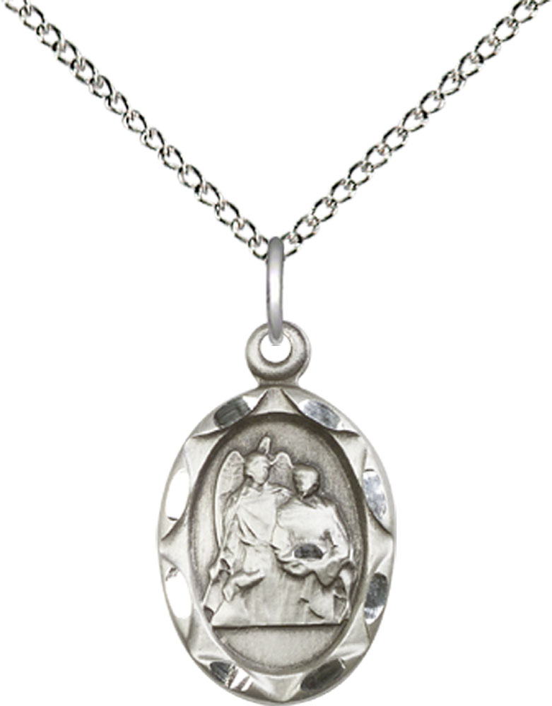 Sterling Silver Saint Raphael Pendant on a 18 inch Sterling Silver Light Curb chain