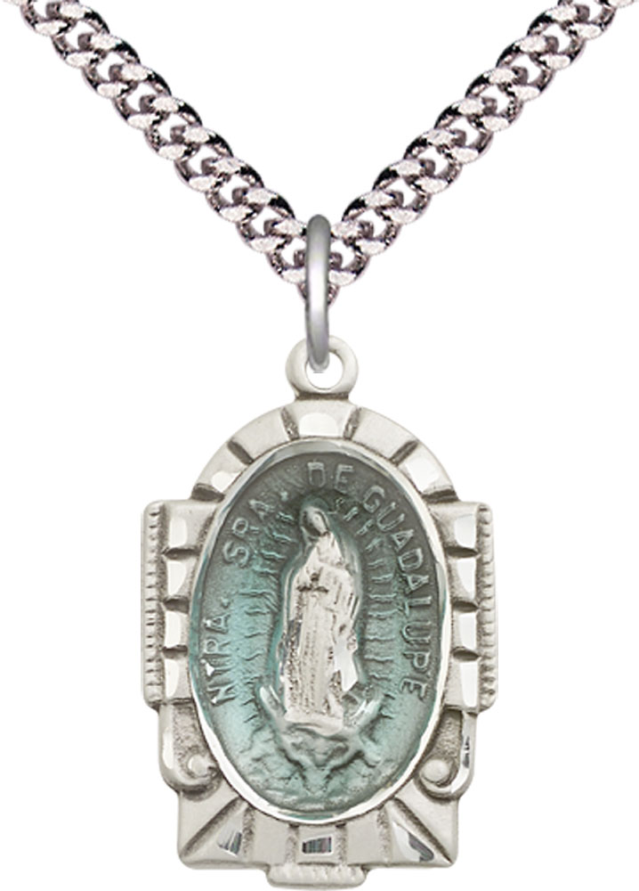 Sterling Silver Our Lady of Guadalupe Pendant on a 24 inch Light Rhodium Heavy Curb chain