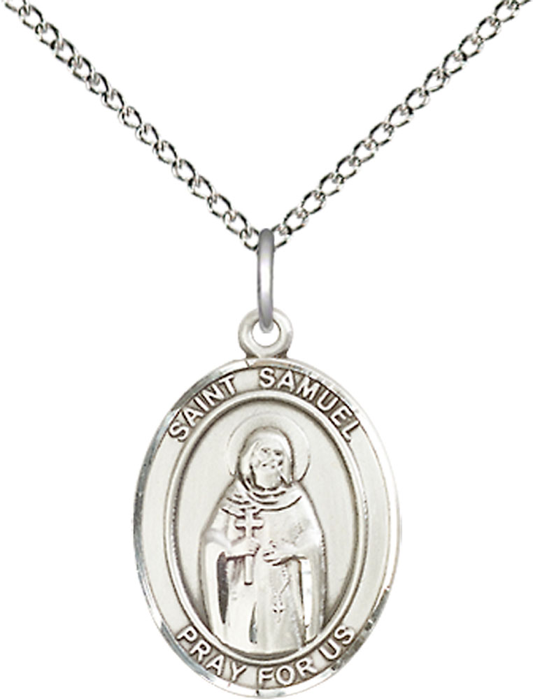 Sterling Silver Saint Samuel Pendant on a 18 inch Sterling Silver Light Curb chain