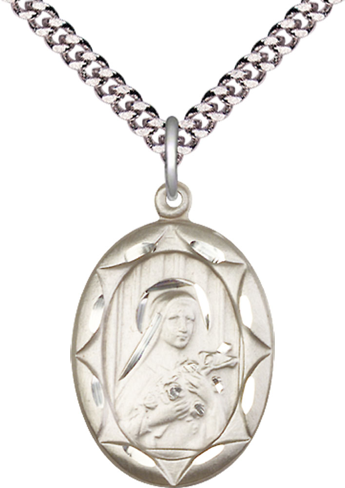 Sterling Silver Saint Theresa Pendant on a 24 inch Light Rhodium Heavy Curb chain