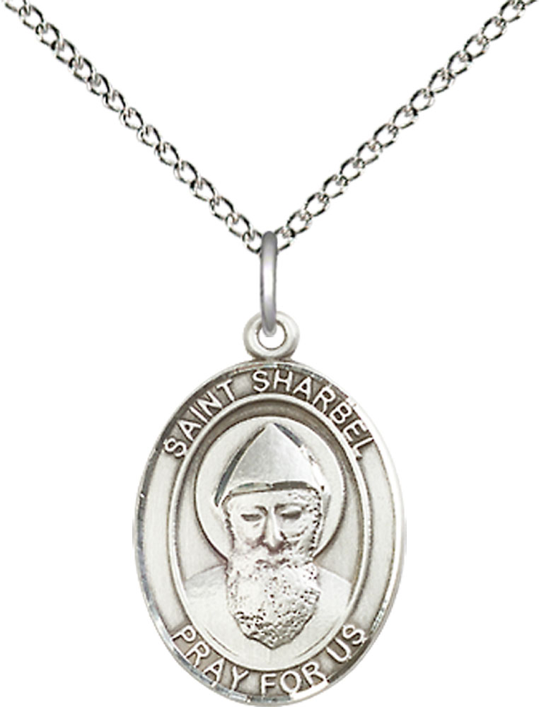 Sterling Silver Saint Sharbel Pendant on a 18 inch Sterling Silver Light Curb chain
