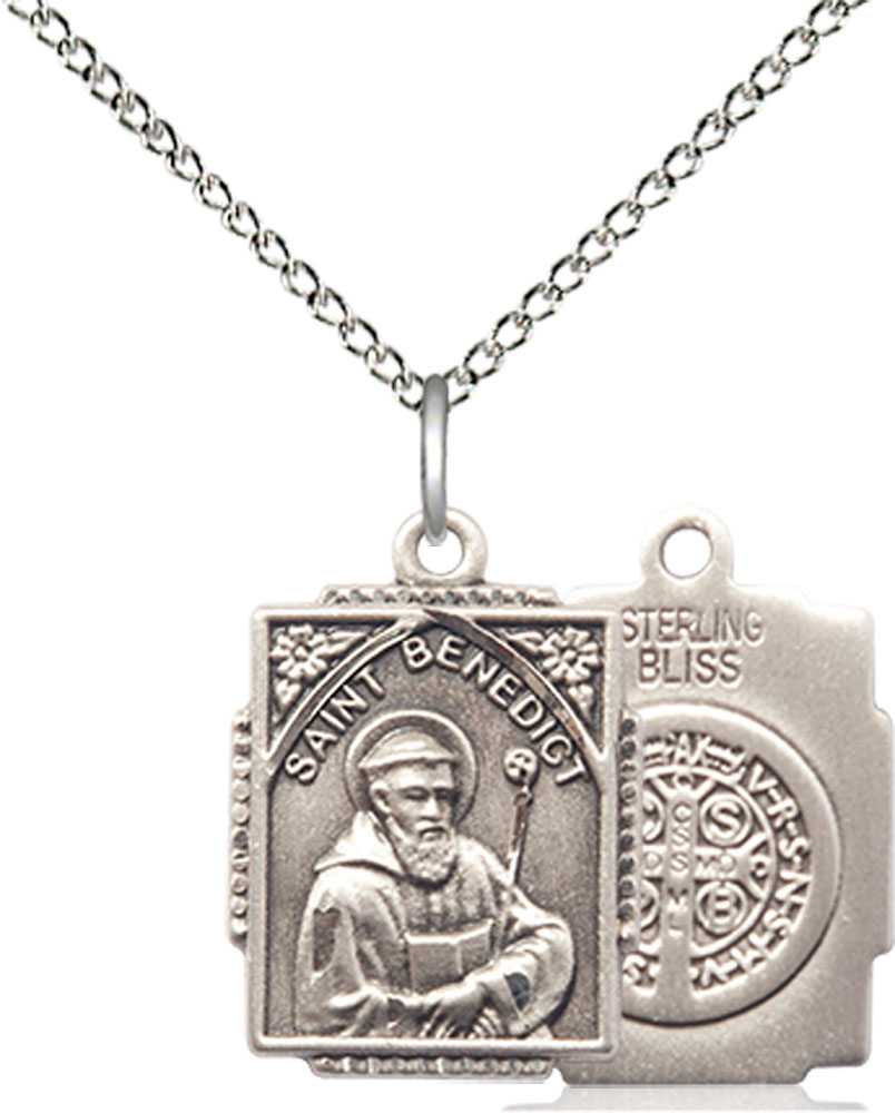 Sterling Silver Saint Benedict Pendant on a 18 inch Sterling Silver Light Curb chain