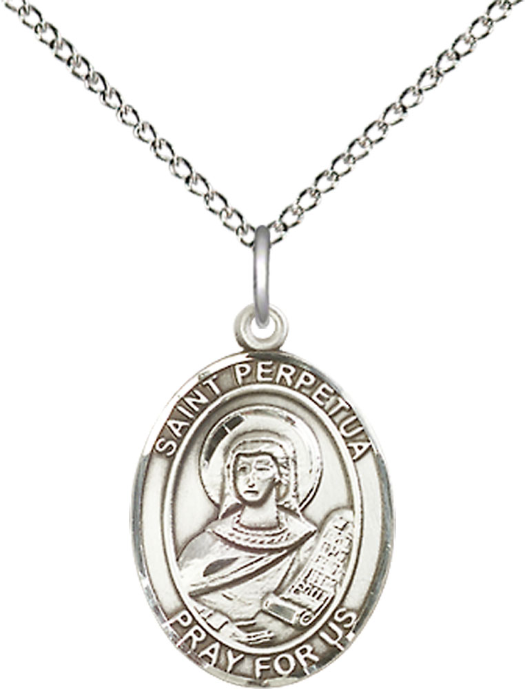 Sterling Silver Saint Perpetua Pendant on a 18 inch Sterling Silver Light Curb chain