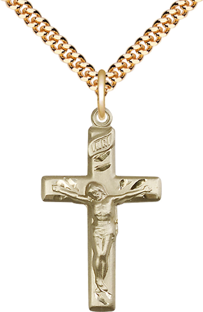 14kt Gold Filled Crucifix Pendant on a 24 inch Gold Plate Heavy Curb chain