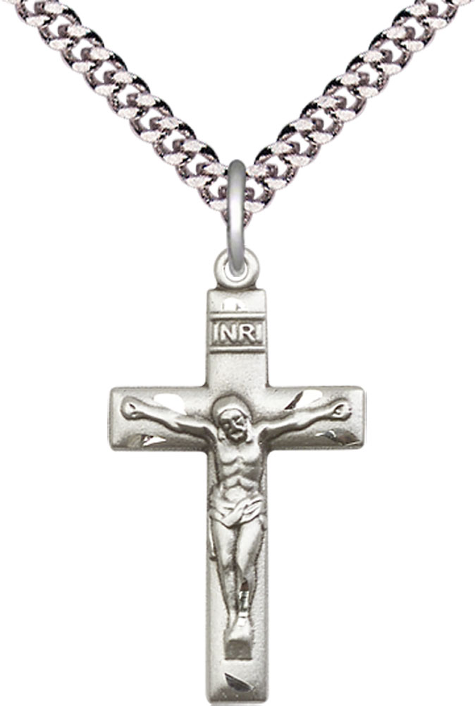 Sterling Silver Crucifix Pendant on a 24 inch Light Rhodium Heavy Curb chain