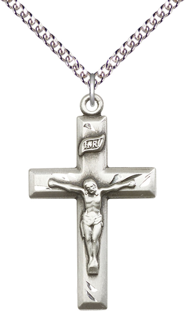 Sterling Silver Crucifix Pendant on a 24 inch Sterling Silver Heavy Curb chain