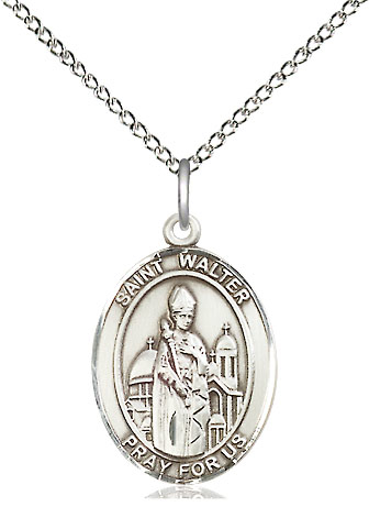 Sterling Silver Saint Walter of Pontnoise Pendant on a 18 inch Sterling Silver Light Curb chain
