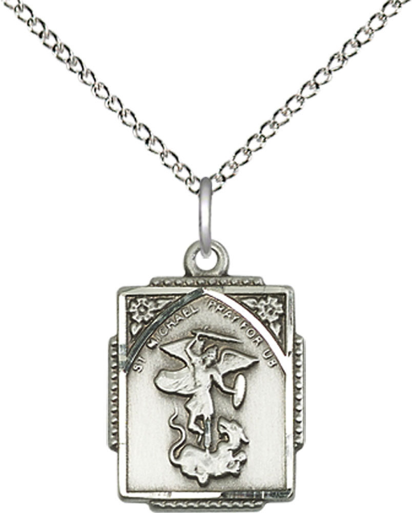 Sterling Silver Saint Michael the Archangel Pendant on a 18 inch Sterling Silver Light Curb chain