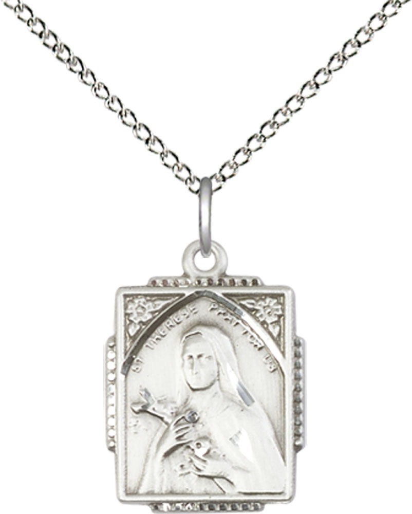 Sterling Silver Saint Therese Pendant on a 18 inch Sterling Silver Light Curb chain