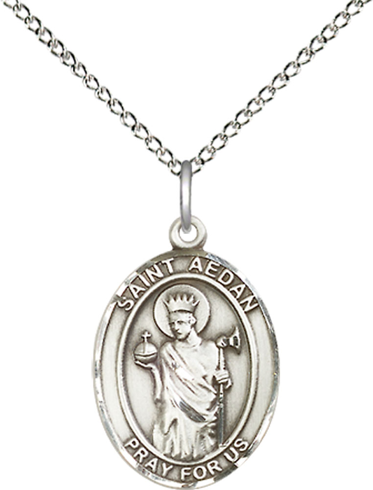 Sterling Silver Saint Aedan of Ferns Pendant on a 18 inch Sterling Silver Light Curb chain