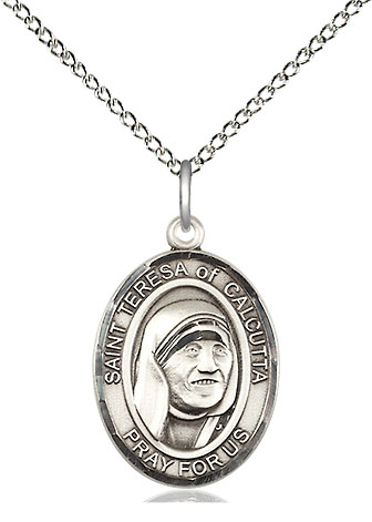 Sterling Silver Saint Teresa of Calcutta Pendant on a 18 inch Sterling Silver Light Curb chain