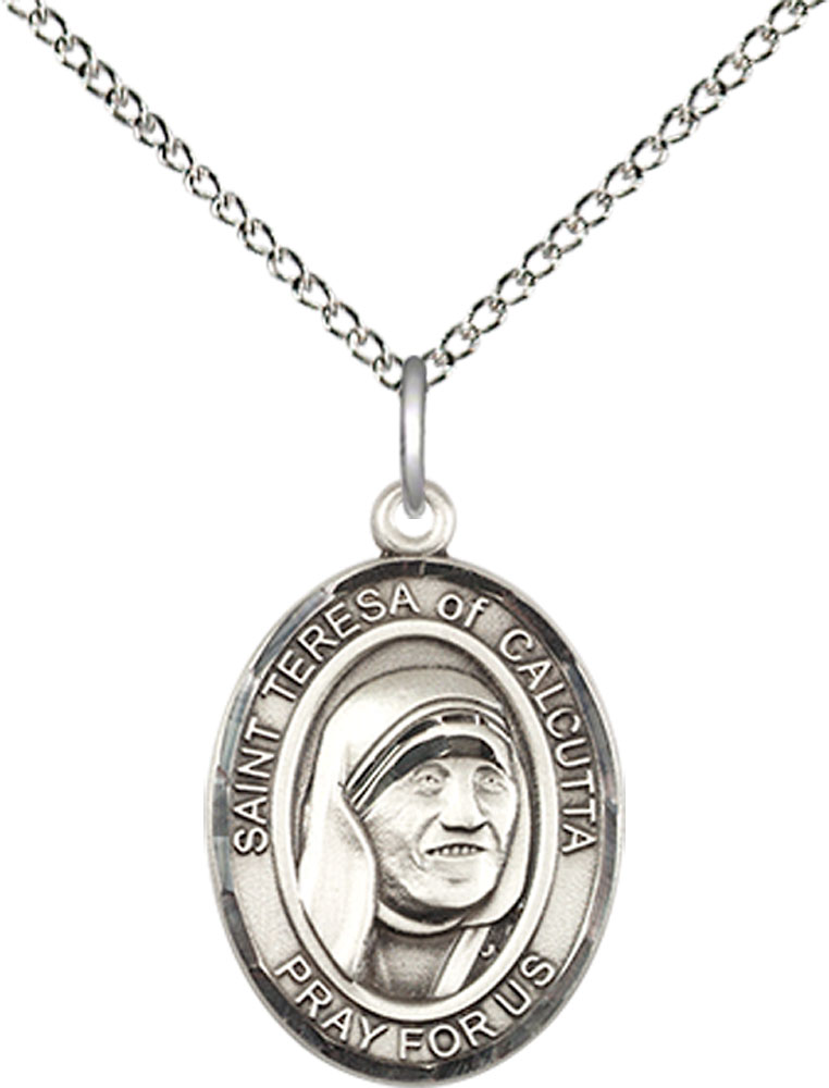 Sterling Silver Saint Teresa of Calcutta Pendant on a 18 inch Sterling Silver Light Curb chain