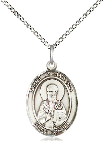 Sterling Silver Saint Athanasius Pendant on a 18 inch Sterling Silver Light Curb chain