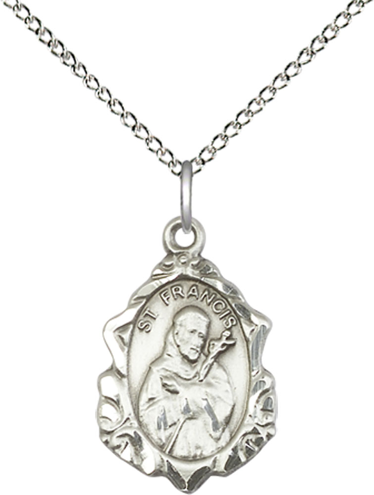 Sterling Silver Saint Francis Pendant on a 18 inch Sterling Silver Light Curb chain