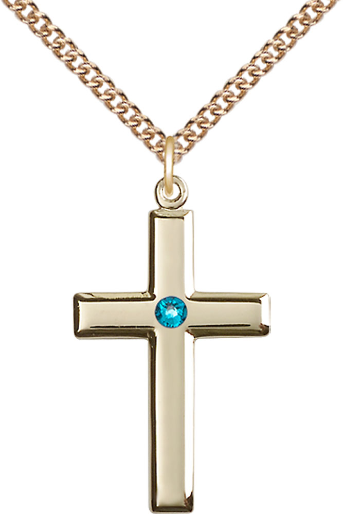 14kt Gold Filled Cross Pendant with a 3mm Zircon Swarovski stone on a 24 inch Gold Filled Heavy Curb chain