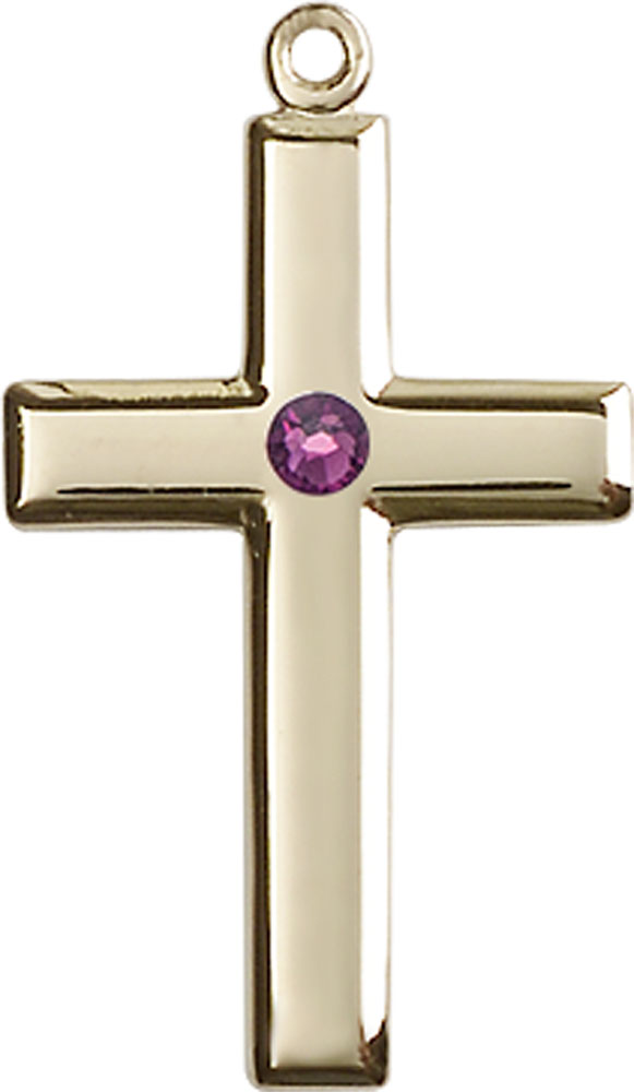 14kt Gold Filled Cross Medal with a 3mm Amethyst Swarovski stone