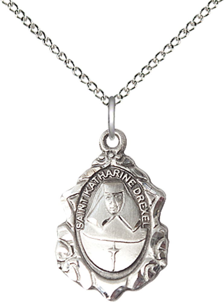 Sterling Silver Saint Katharine Drexel Pendant on a 18 inch Sterling Silver Light Curb chain