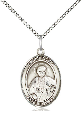 Sterling Silver Saint Pius X Pendant on a 18 inch Sterling Silver Light Curb chain