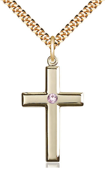 14kt Gold Filled Cross Pendant with a 3mm Light Amethyst Swarovski stone on a 24 inch Gold Plate Heavy Curb chain