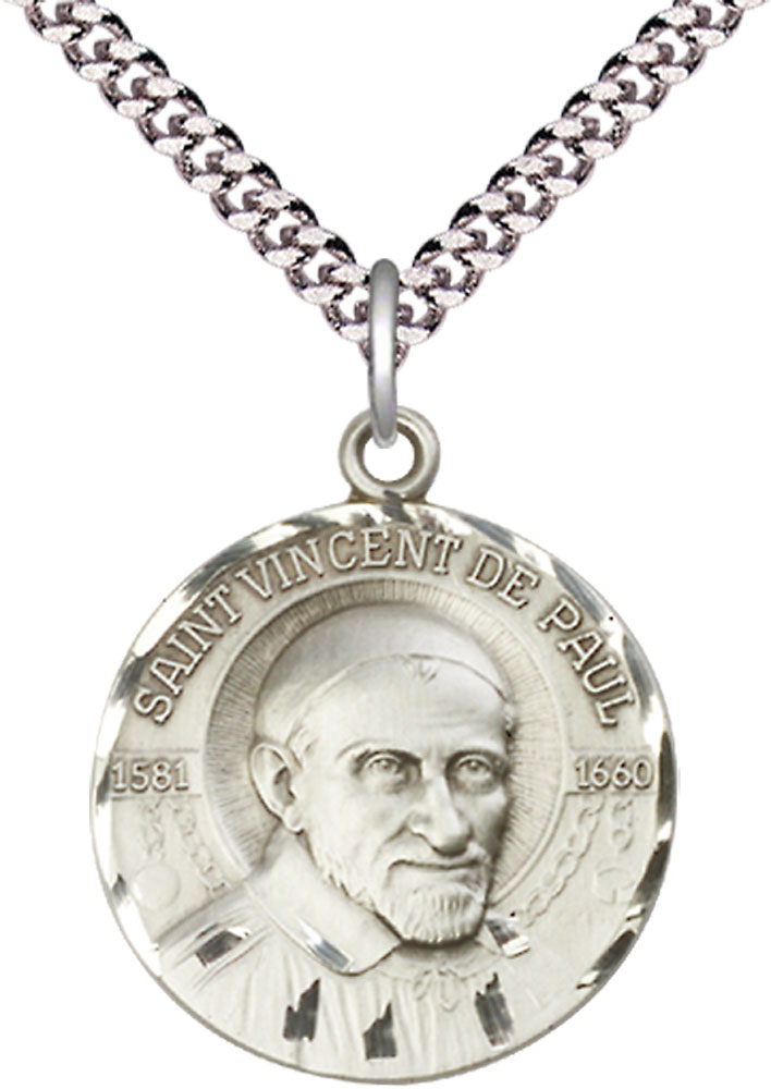 Sterling Silver Saint Vincent de Paul Pendant on a 24 inch Light Rhodium Heavy Curb chain