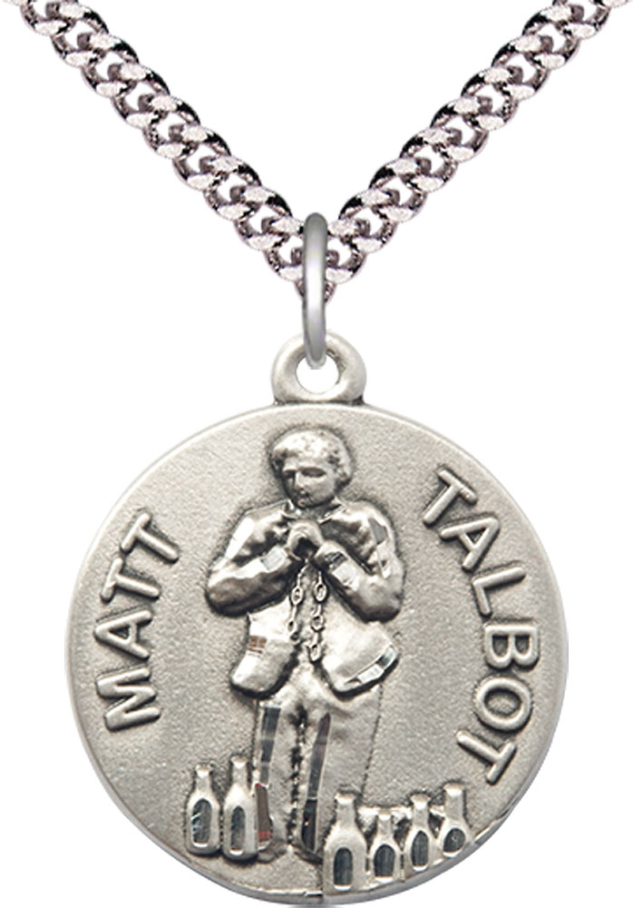 Sterling Silver Matt Talbot Pendant on a 24 inch Light Rhodium Heavy Curb chain