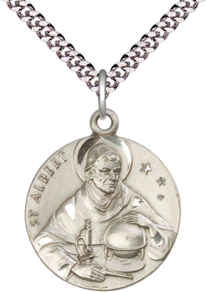 Sterling Silver Saint Albert the Great Pendant on a 24 inch Light Rhodium Heavy Curb chain