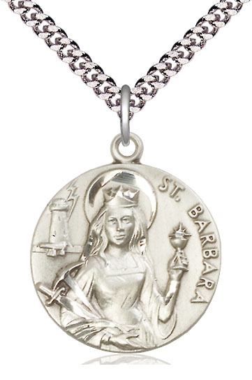 Sterling Silver Saint Barbara Pendant on a 24 inch Light Rhodium Heavy Curb chain