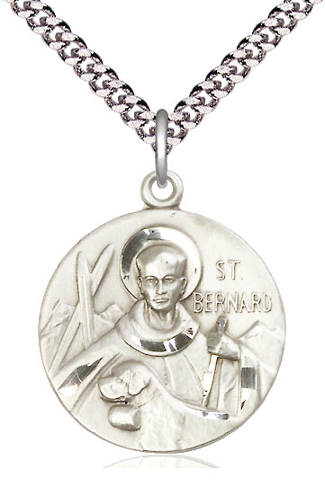Sterling Silver Saint Bernard of Monjoux Pendant on a 24 inch Light Rhodium Heavy Curb chain