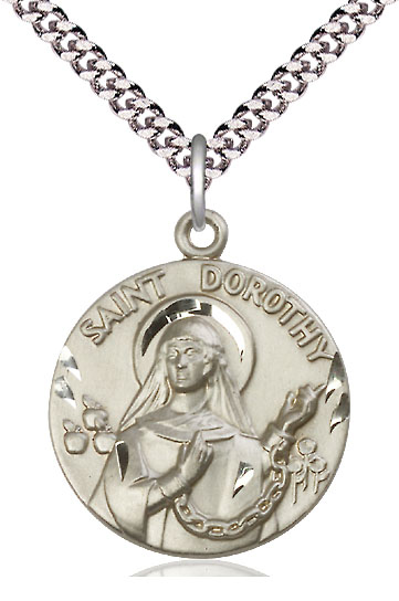 Sterling Silver Saint Dorothy Pendant on a 24 inch Light Rhodium Heavy Curb chain
