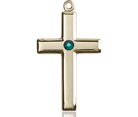 14kt Gold Cross Medal with a 3mm Emerald Swarovski stone