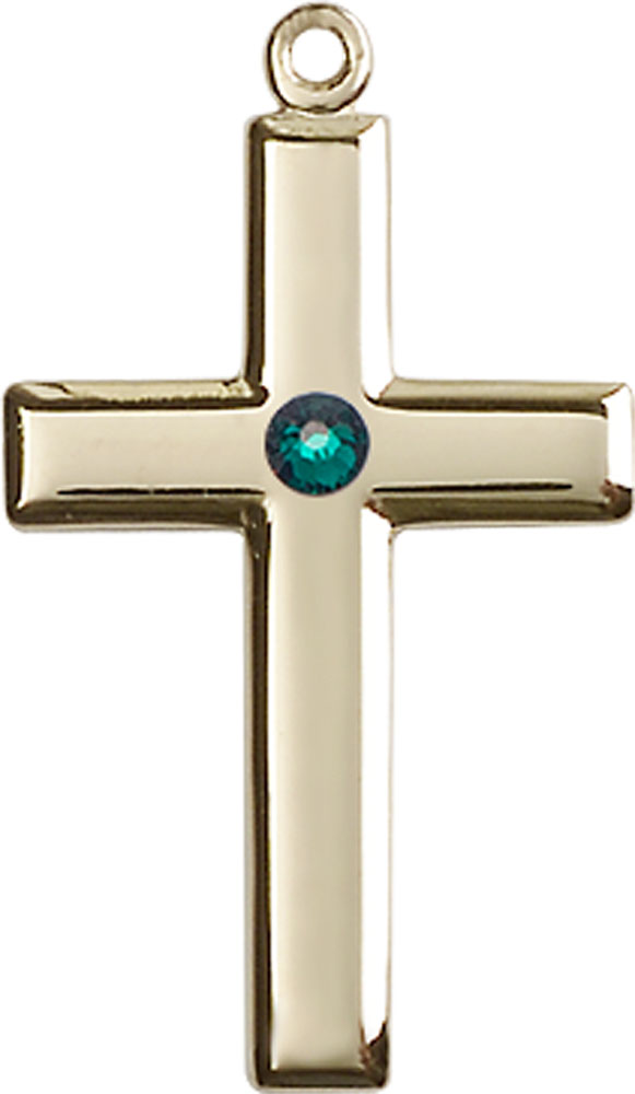 14kt Gold Cross Medal with a 3mm Emerald Swarovski stone