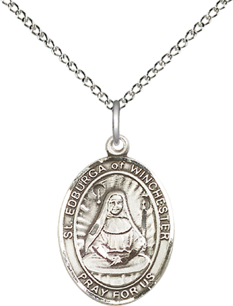Sterling Silver Saint Edburga of Winchester Pendant on a 18 inch Sterling Silver Light Curb chain