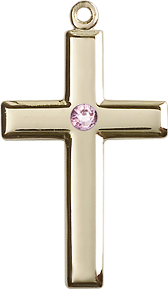 14kt Gold Cross Medal with a 3mm Light Amethyst Swarovski stone