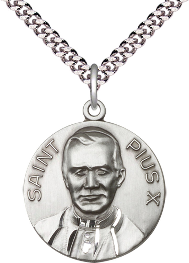 Sterling Silver Pope Pius X Pendant on a 24 inch Light Rhodium Heavy Curb chain