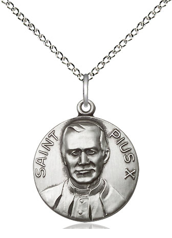 Sterling Silver Pope Pius X Pendant on a 18 inch Sterling Silver Light Curb chain