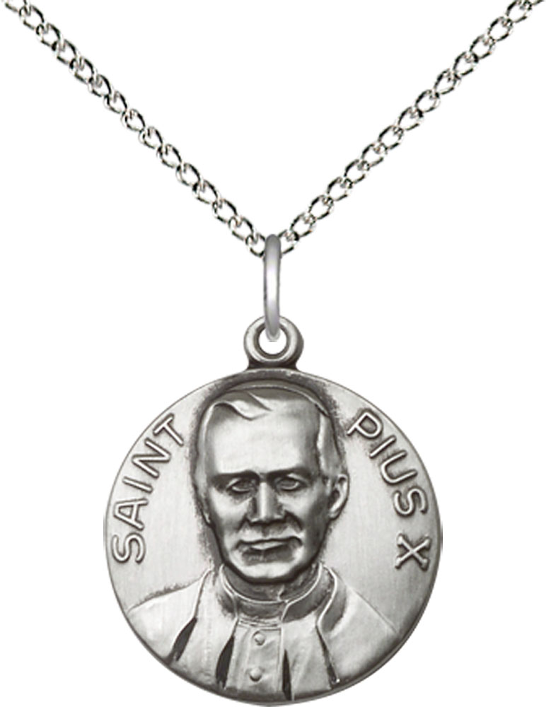 Sterling Silver Pope Pius X Pendant on a 18 inch Sterling Silver Light Curb chain