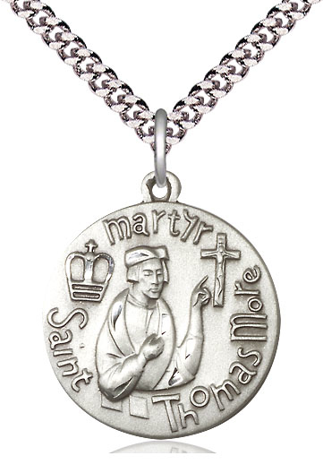 Sterling Silver Saint Thomas More Pendant on a 24 inch Light Rhodium Heavy Curb chain