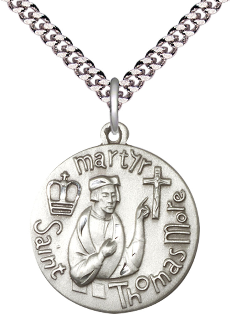 Sterling Silver Saint Thomas More Pendant on a 24 inch Light Rhodium Heavy Curb chain