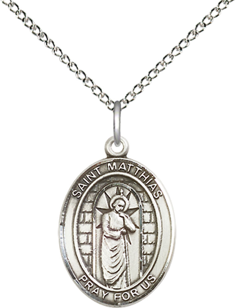 Sterling Silver Saint Matthias the Apostle Pendant on a 18 inch Sterling Silver Light Curb chain
