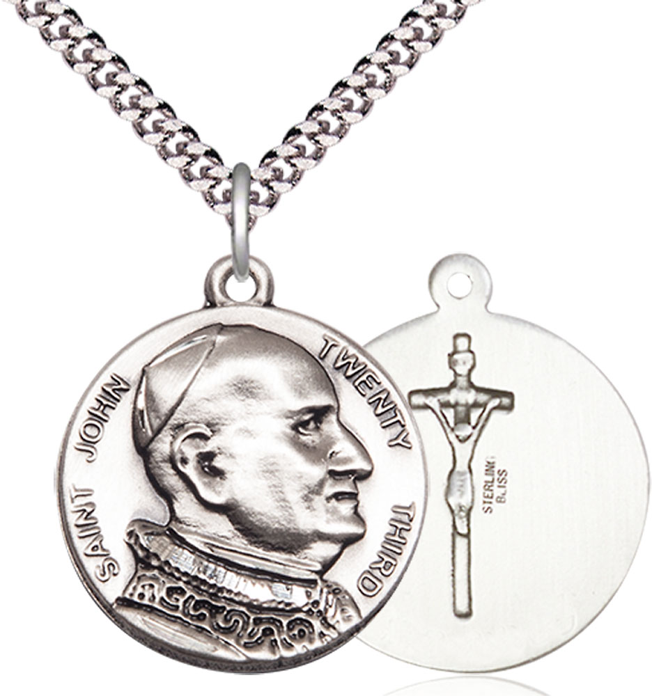 Sterling Silver Saint John XXIII Pendant on a 24 inch Light Rhodium Heavy Curb chain