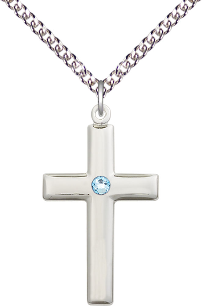 Sterling Silver Cross Pendant with a 3mm Aqua Swarovski stone on a 24 inch Sterling Silver Heavy Curb chain