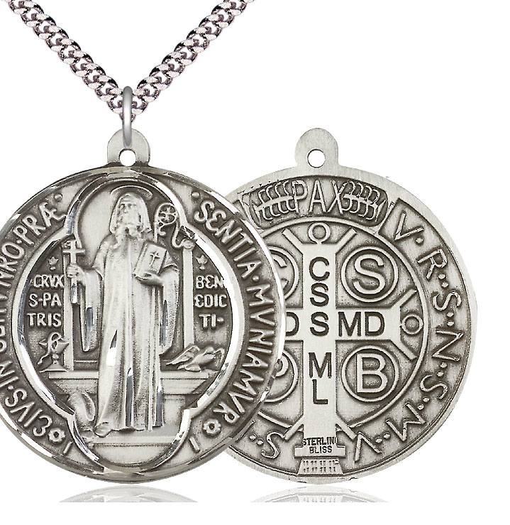 Sterling Silver Saint Benedict Pendant on a 24 inch Light Rhodium Heavy Curb chain