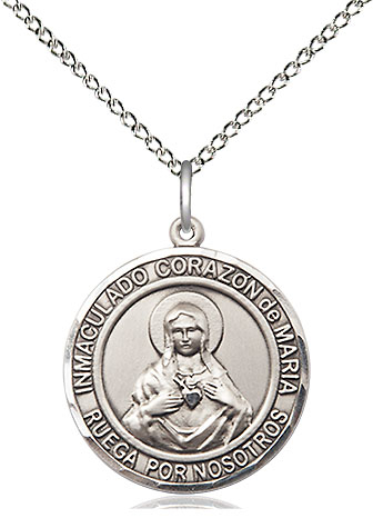 Sterling Silver Corazon Inmaculado de Maria Pendant on a 18 inch Sterling Silver Light Curb chain