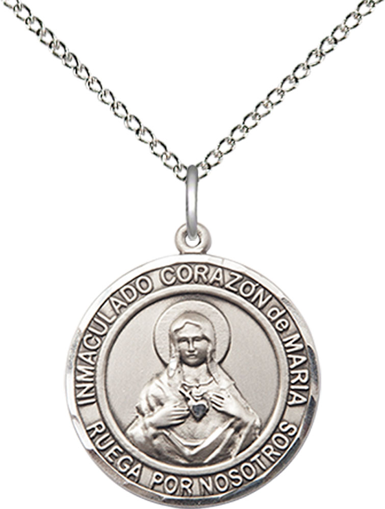 Sterling Silver Corazon Inmaculado de Maria Pendant on a 18 inch Sterling Silver Light Curb chain