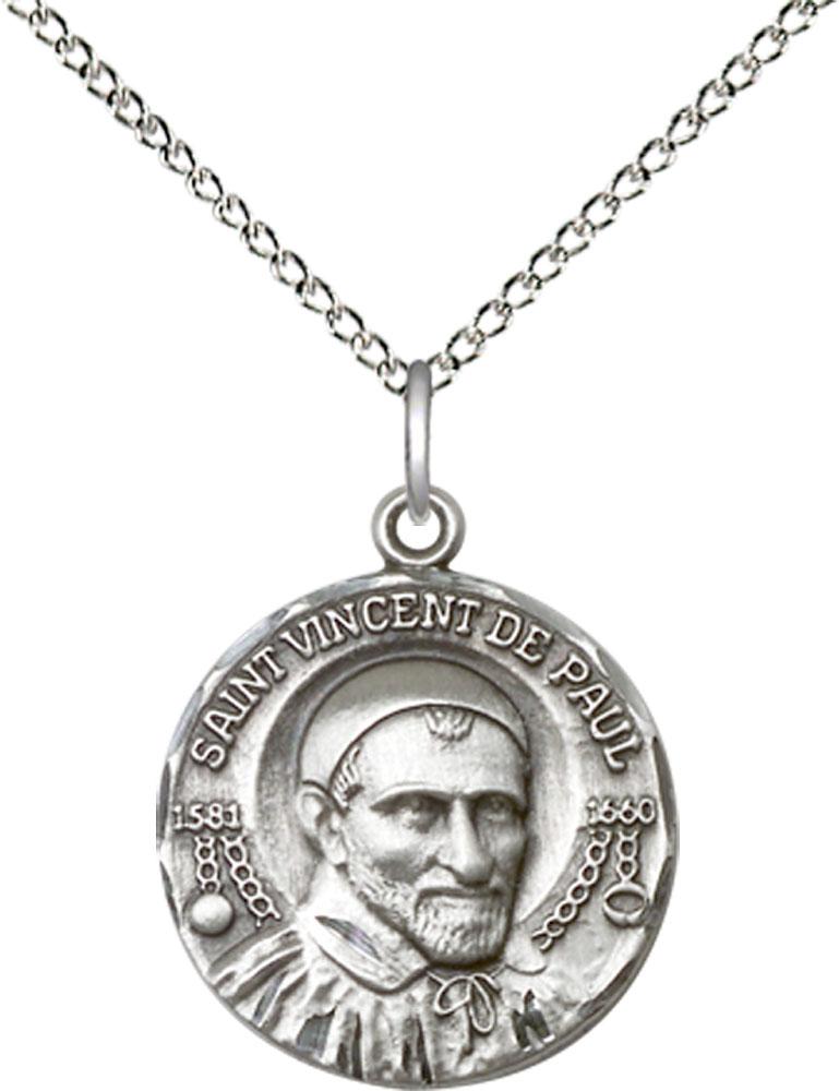 Sterling Silver Saint Vincent de Paul Pendant on a 18 inch Sterling Silver Light Curb chain