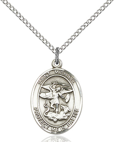 Sterling Silver Saint Michael Guardian Angel Pendant on a 18 inch Sterling Silver Light Curb chain